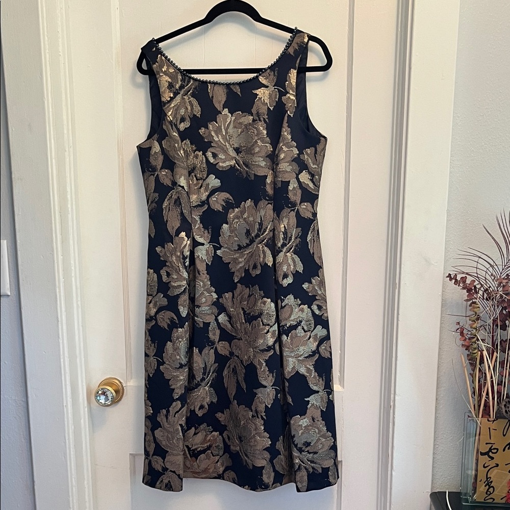 Adrianna Papell Black and Gold Floral Midi Dress